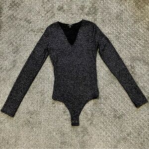 EXPRESS Black, Blue and Silver V-Neck Fitted Long Sleeve Body Suit